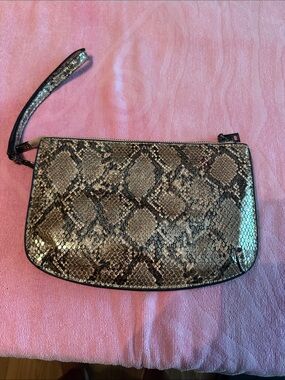 Metallic Snake-Print Wristlet Clutch in Metallic Taupe and Black